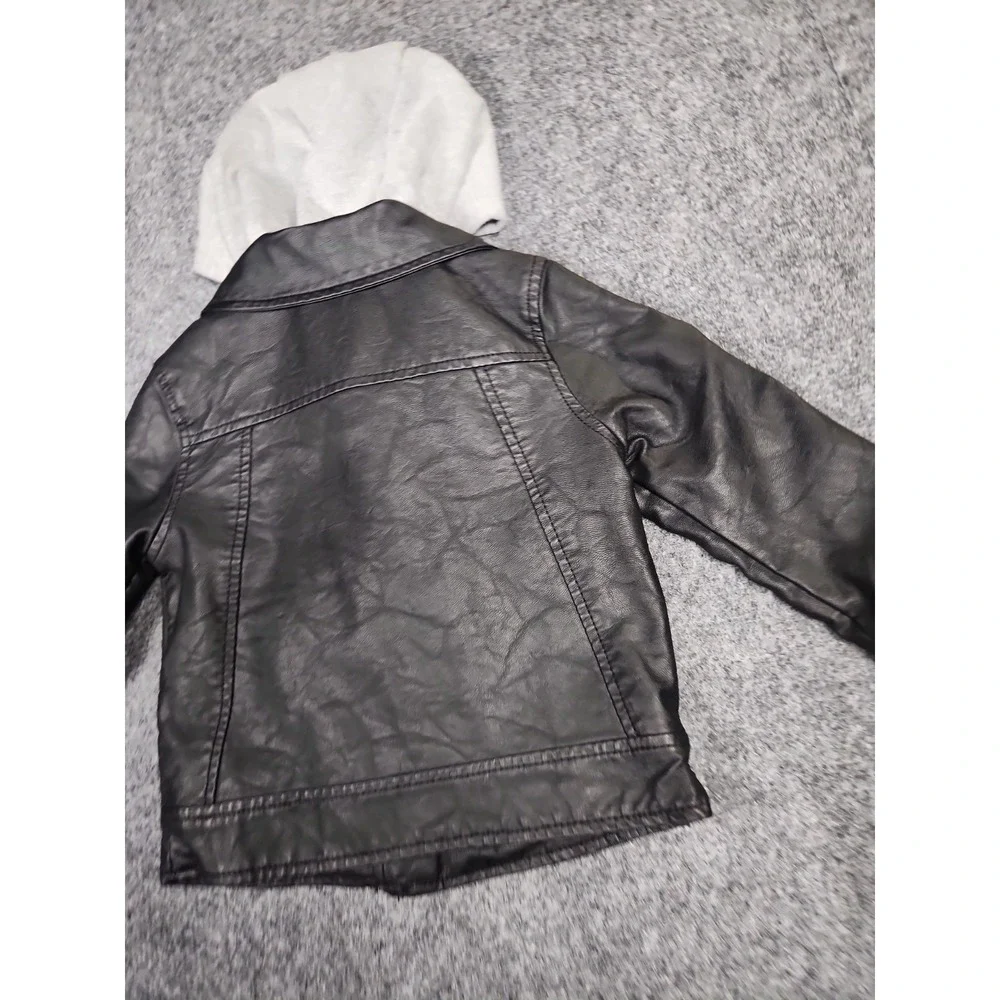 Genuine Kids OshKosh Toddler Faux Leather Moto Jacket Black Grey Hooded Coat 2T